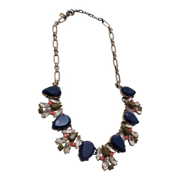 J. Crew Blue‎ Green Crystal Cluster Multifaceted Statement Necklace Gold Tone - Picture 1 of 5